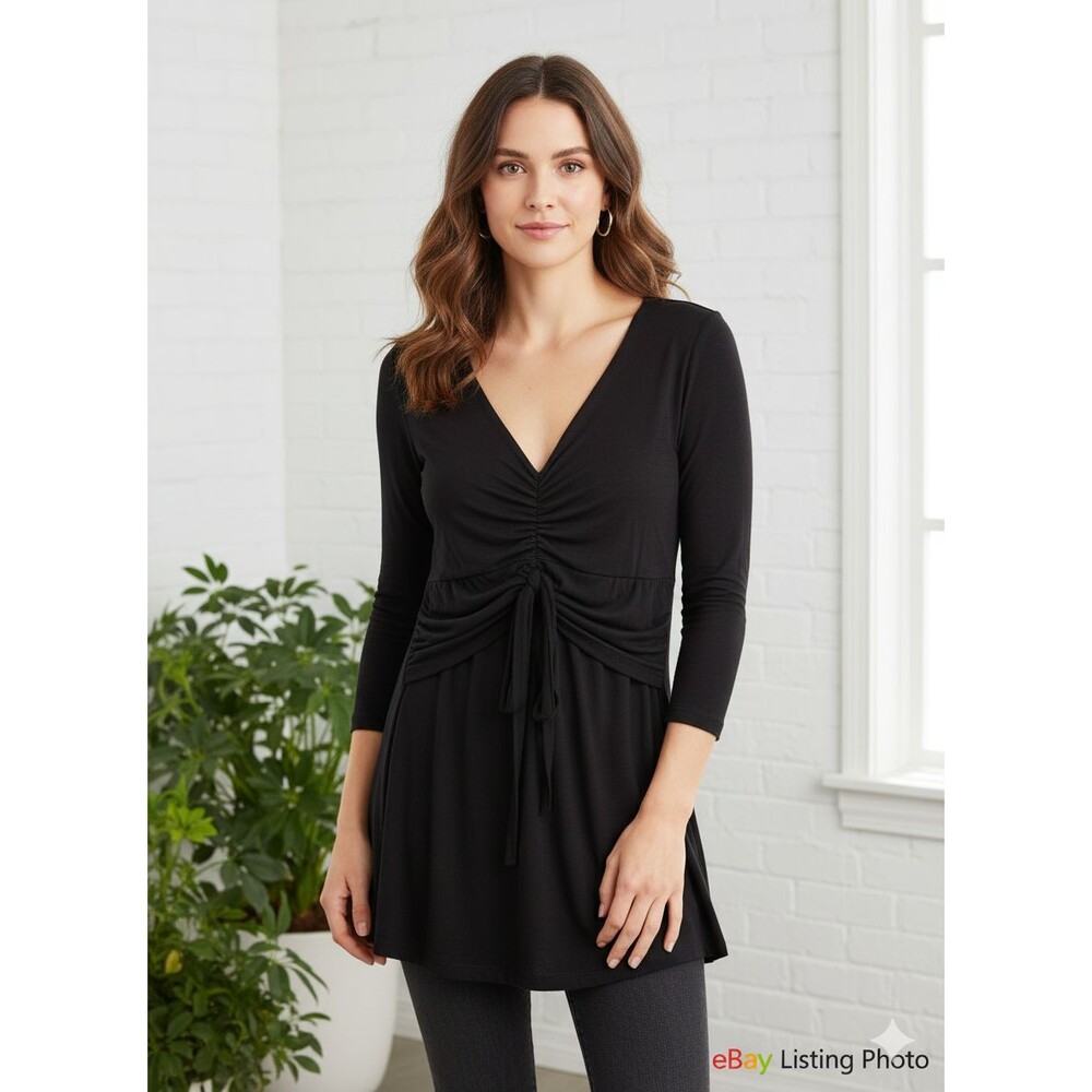 VERTIGO PARIS Black 3/4 Sleeve Tie Front Jersey Blouse Shirt Top Women's M